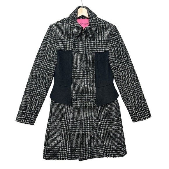 BETSEY JOHNSON Wool Blend Coat Sz 6 Black White Tweed Plaid Ruffle Double Breast - Picture 1 of 11